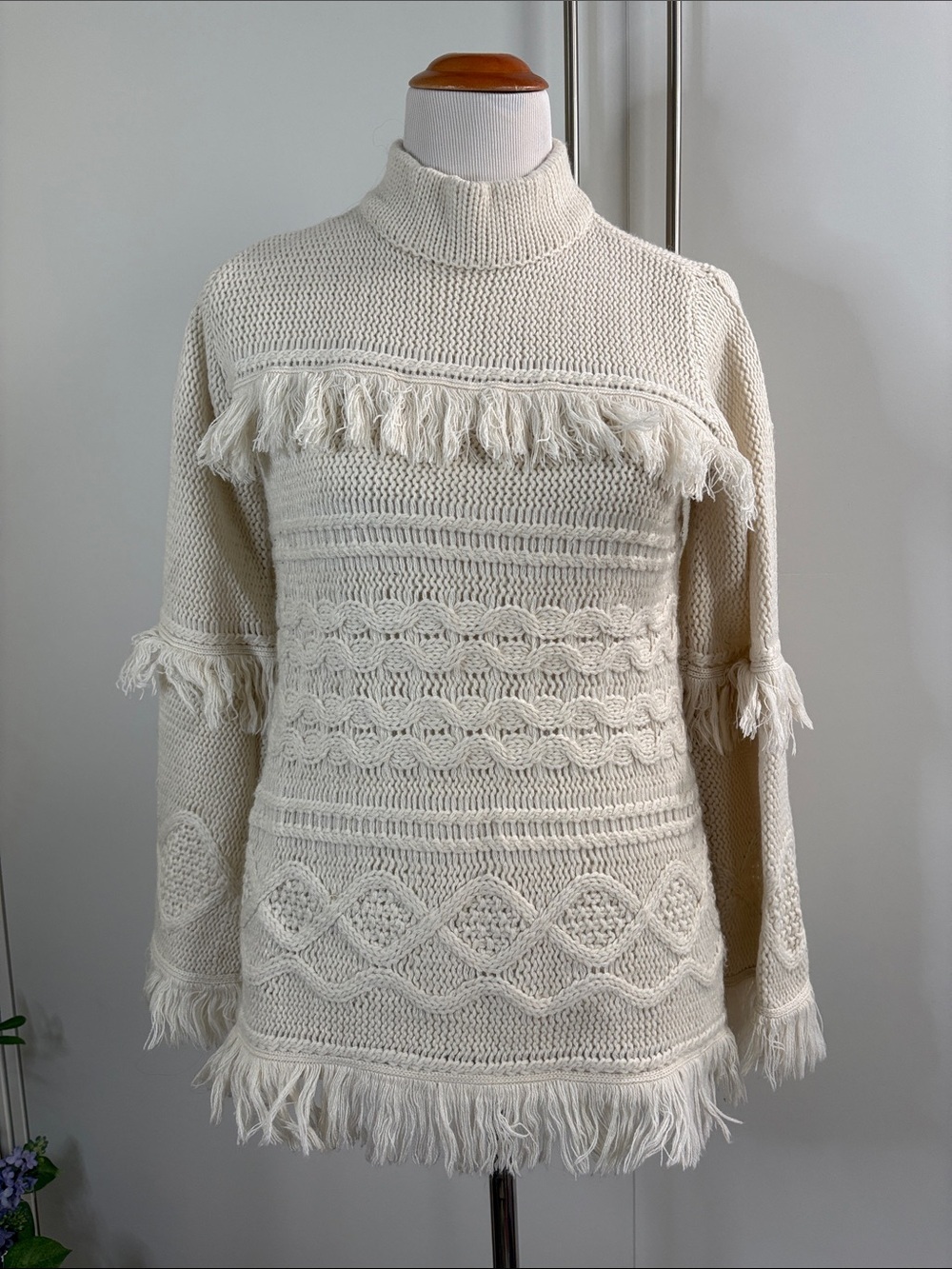 BB Dakota Cream Fringe Cable Knit Turtleneck Sweater